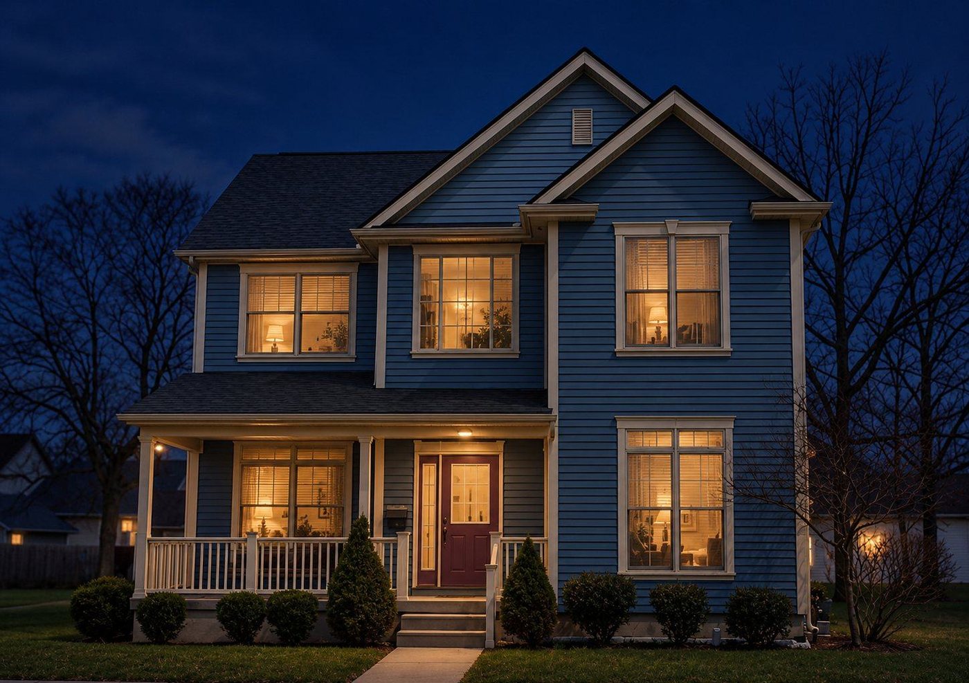 The same example home at night with no Christmas lights